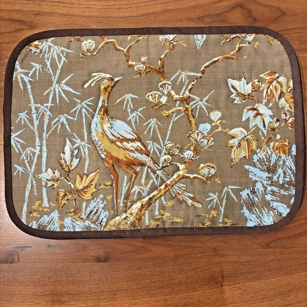 Vintage 70s Quilted Placemats Set of 7 Peacock Brown Asian Chinoiserie Fabric